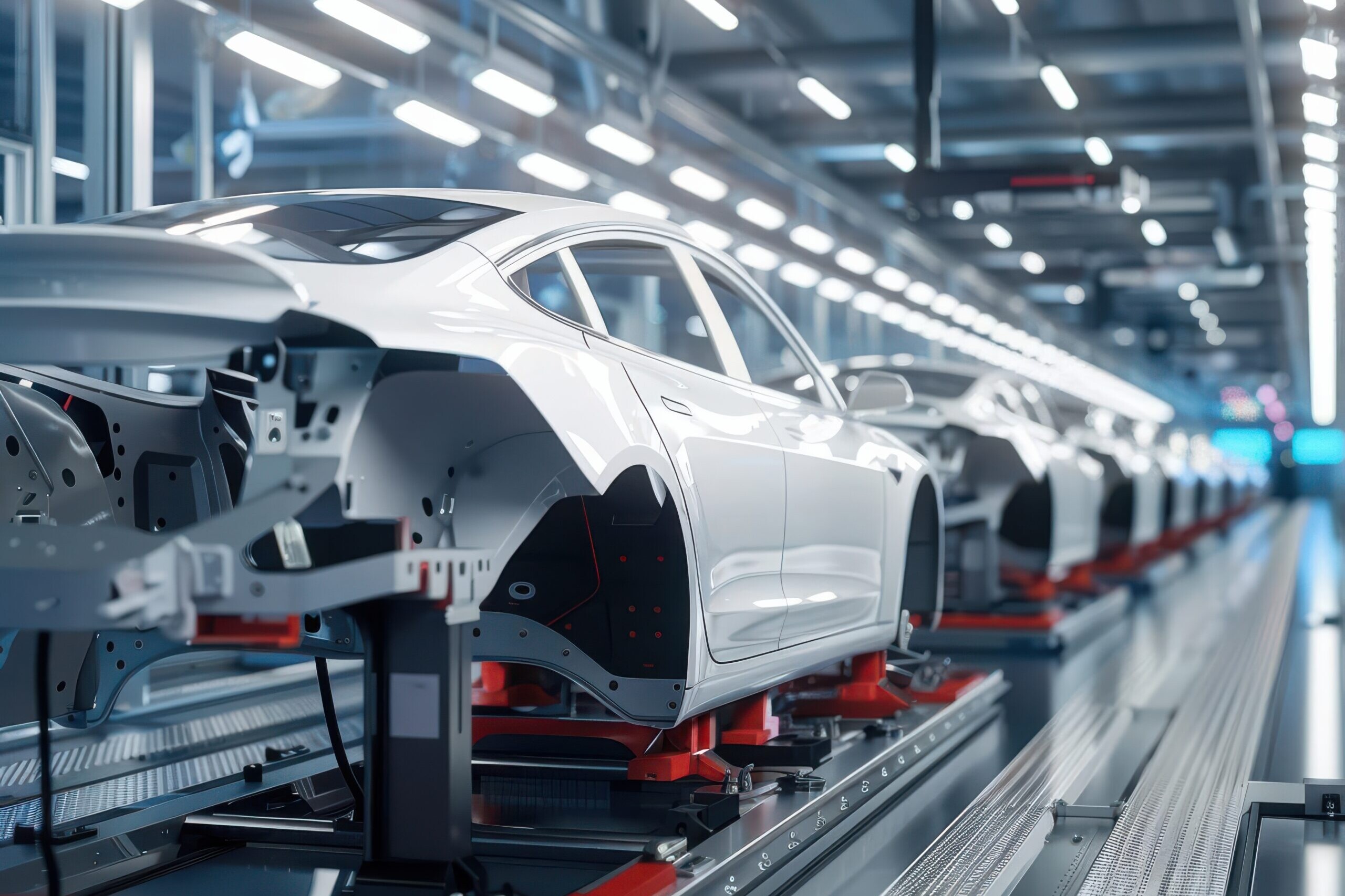 modern automotive factory assembly line showcasing sleek car frames in production.